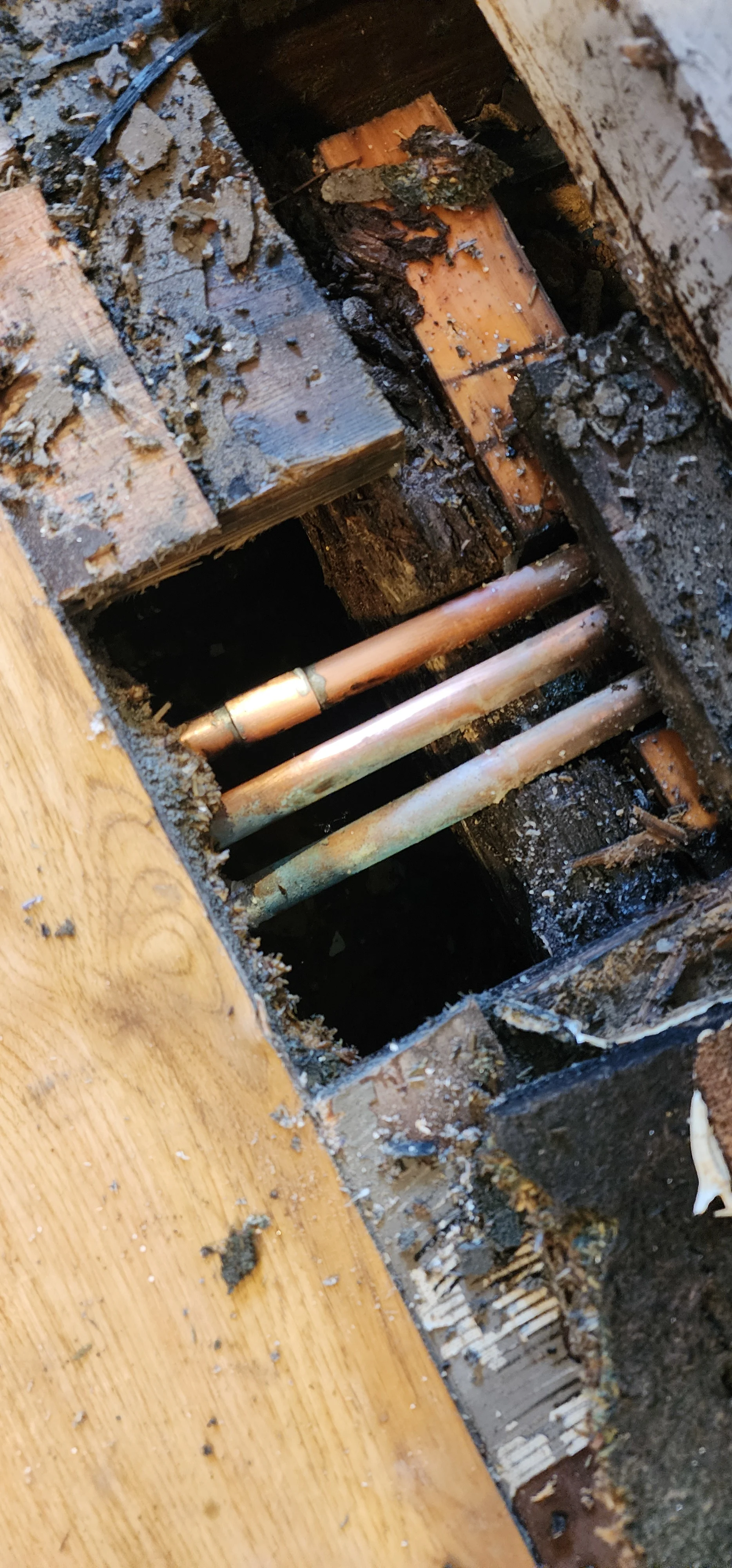 Exposed kitchen pipework with a repaired section after the pinhole leak investigation