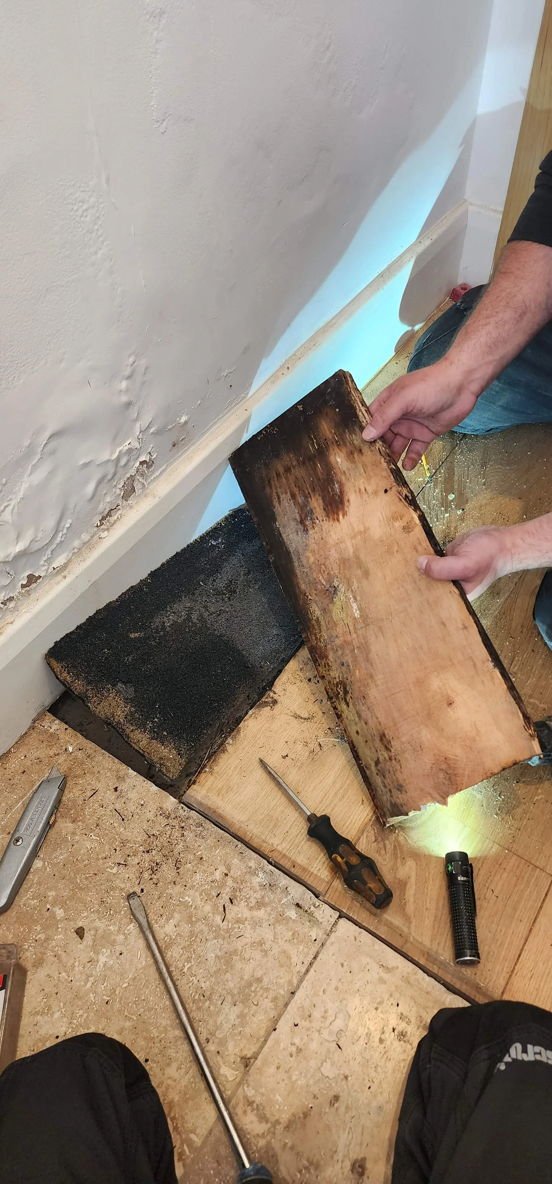Floorboard lifted during Ascot mains water leak investigation
