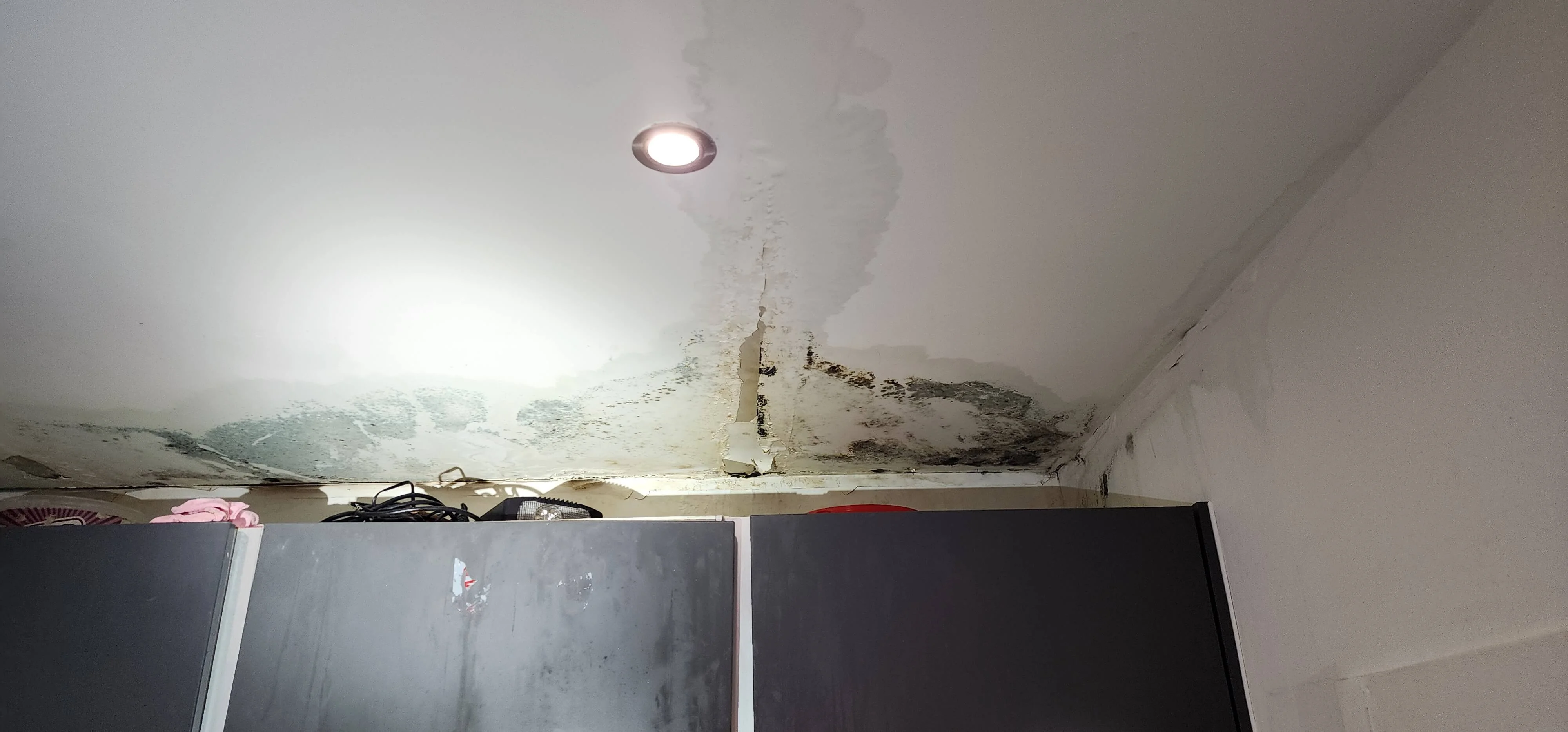 Ceiling water damage below a bathroom during leak investigation in Barnet