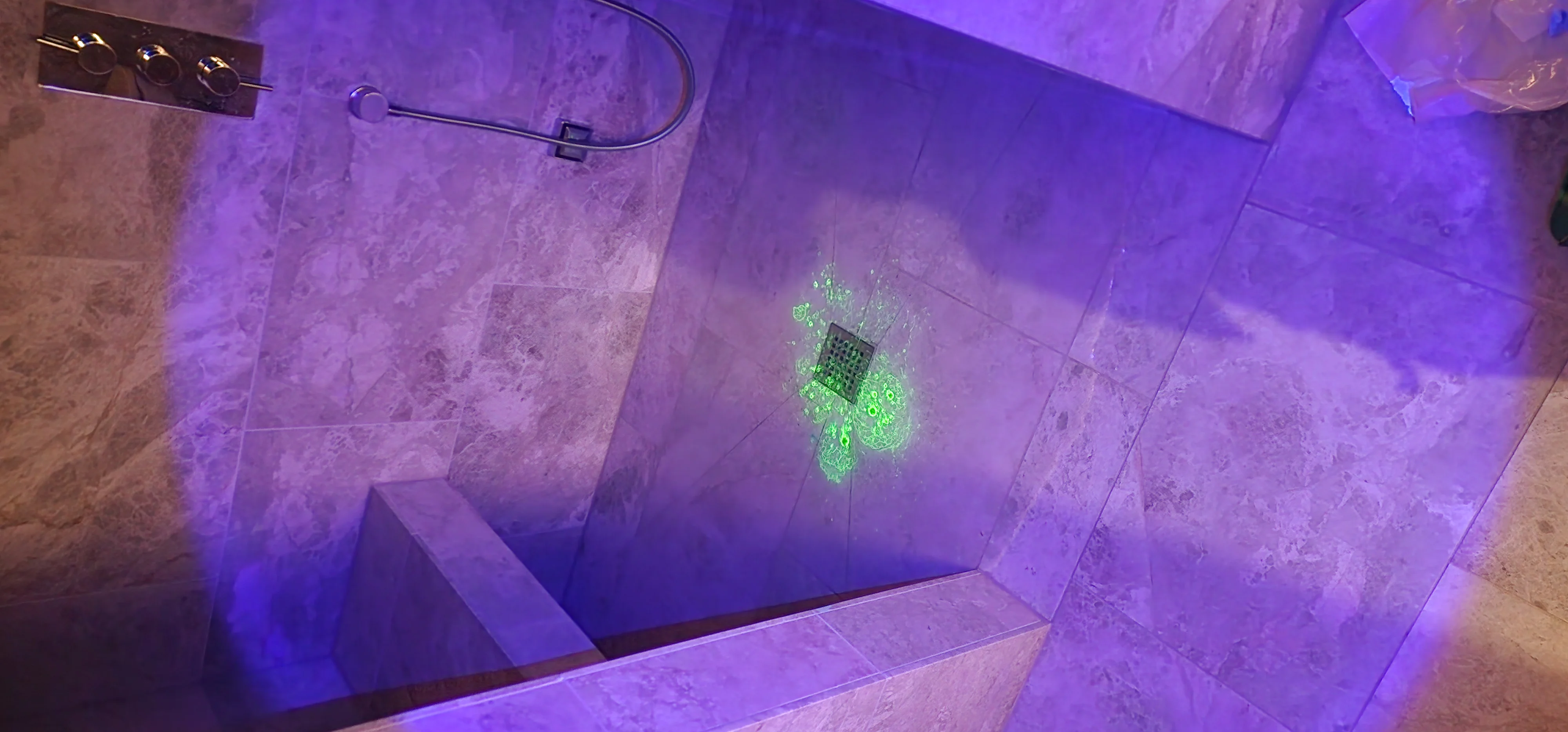 Dye testing evidence during shower waste leak detection in Bramley