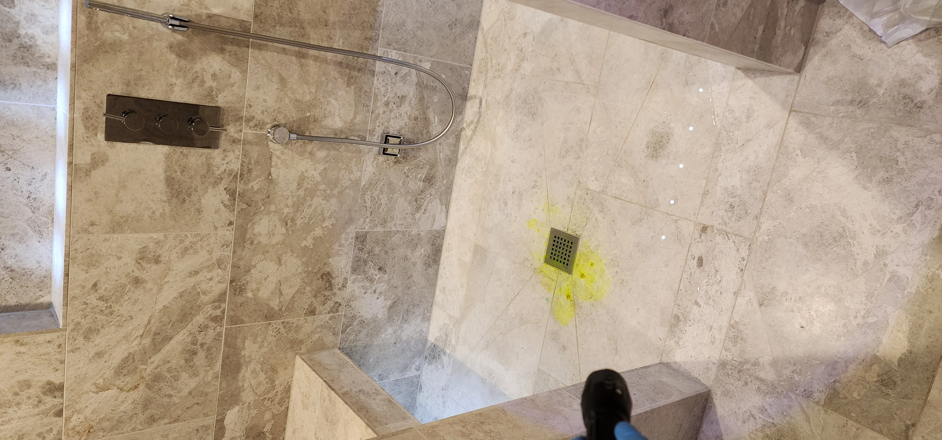Bathroom floor area checked during Bramley shower waste leak investigation